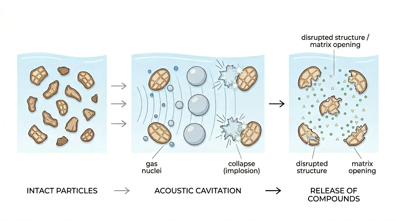 Diagram of acoustic cavitation in ultrasonic extraction: bubble collapse and release of bioactive compounds.