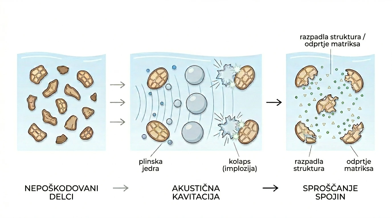 Diagram of acoustic cavitation in ultrasonic extraction: bubble collapse and release of bioactive compounds.