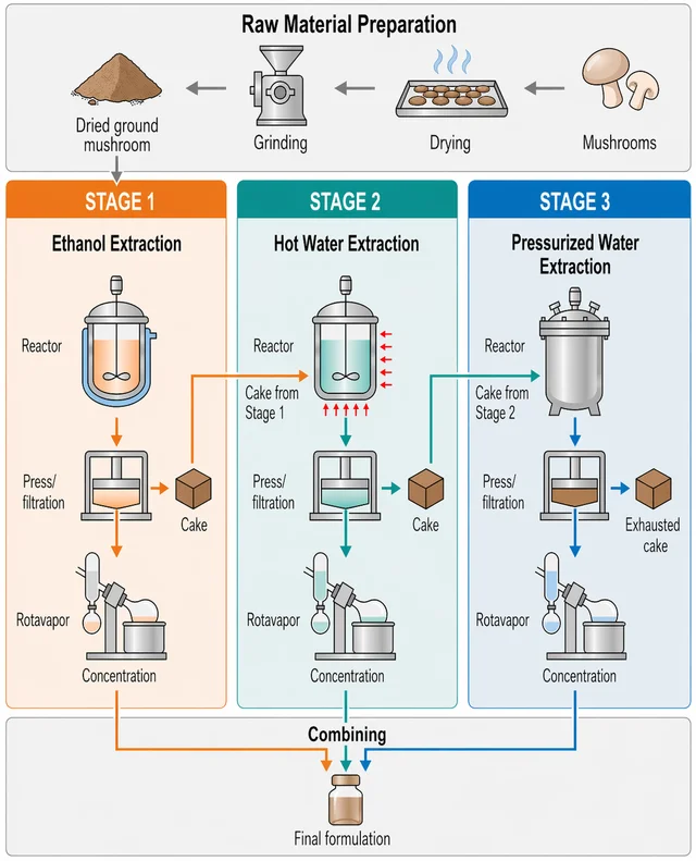 Triple extraction diagram for medicinal mushrooms: ethanol extraction, hot water extraction and pressurised water extraction